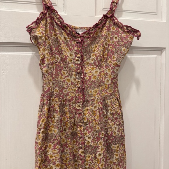 Patrons of Peace Floral Maxi Dress Small Pink Yellow Boho Smocked Tiered Button - Picture 12 of 13